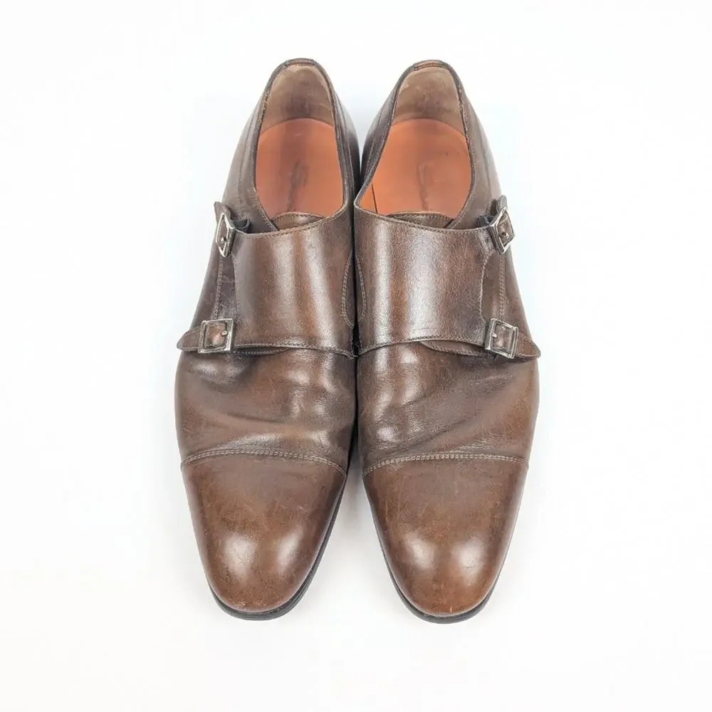 Santoni Men's Brown IRA Double Monk Strap Leather Shoe Size 11